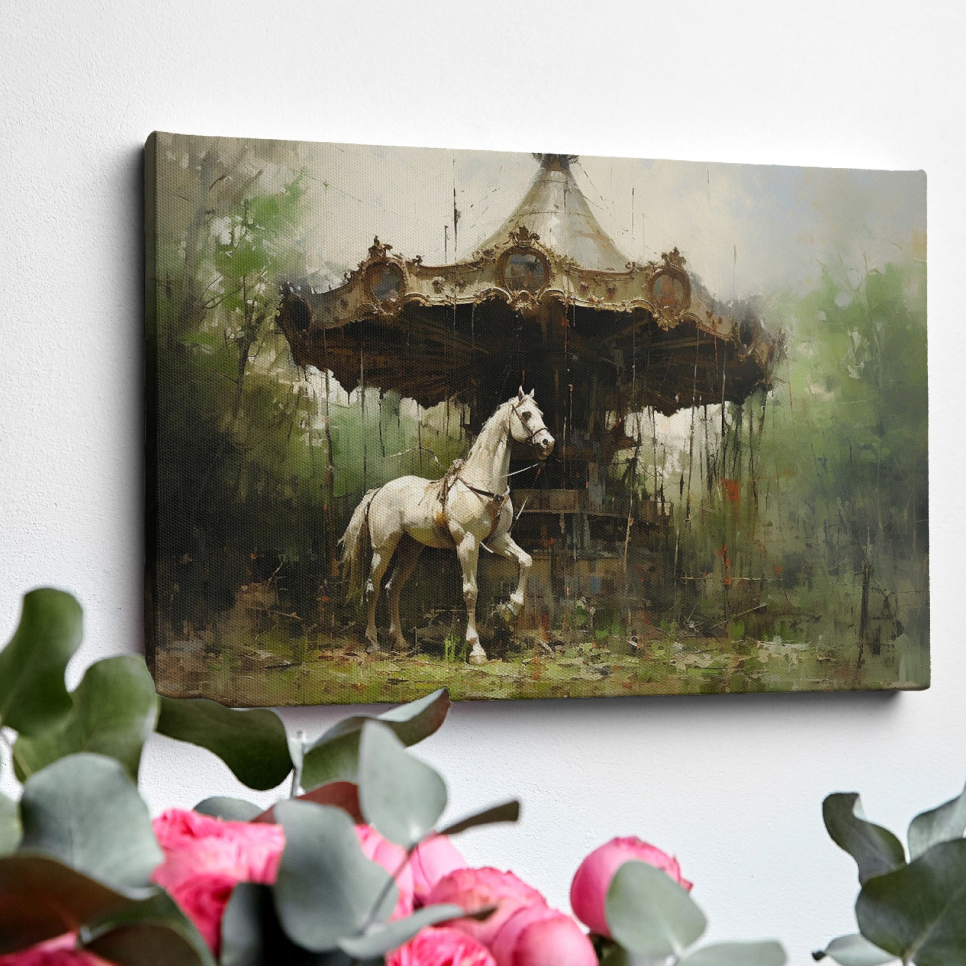 Framed canvas print of a nostalgic vintage carousel horse infront of a forgotten carousel