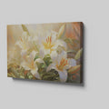 Framed canvas print of serene white lilies with a warm colour palette and lush greenery