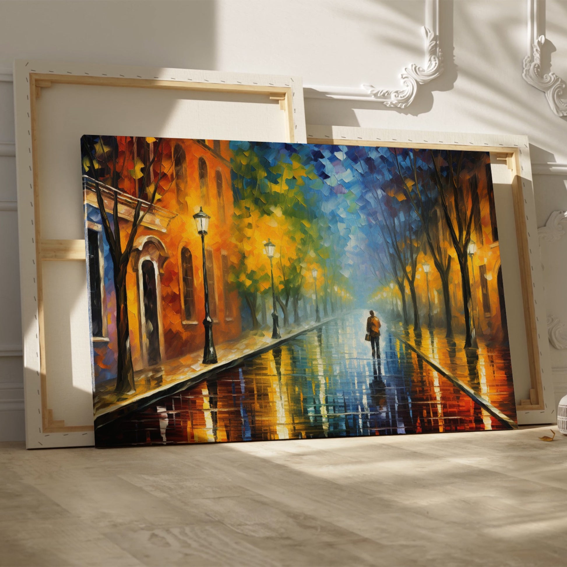 Framed canvas print of a rainy city street scene with vibrant colours and reflections