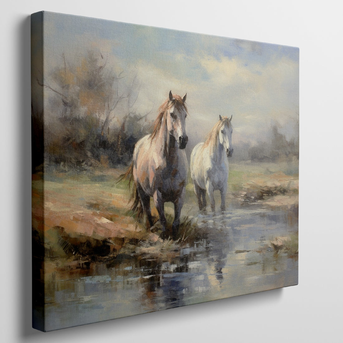 Framed canvas print of two horses by a creek in an impressionist style with warm autumn hues