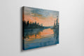 Framed canvas print of a tranquil watercolour landscape with serene reflection and warm sunset tones