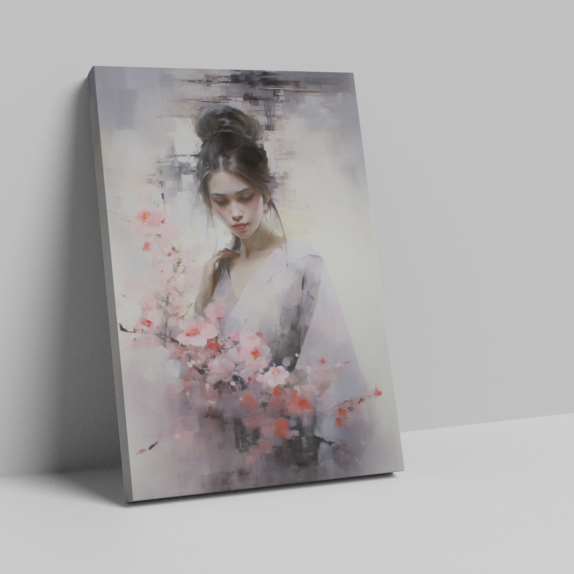 Framed canvas print of an elegant figure with cherry blossoms in soft pastel tones