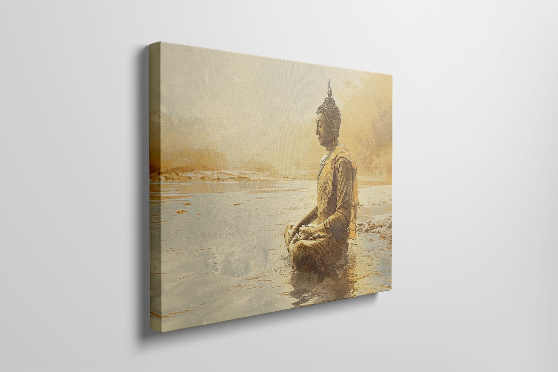 Framed canvas print of a Golden Buddha statue sitting in meditation by the water