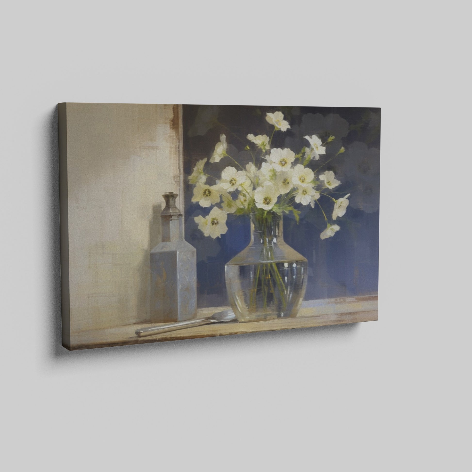 Framed canvas print of white flowers in glass vase with vintage bottle on a neutral background