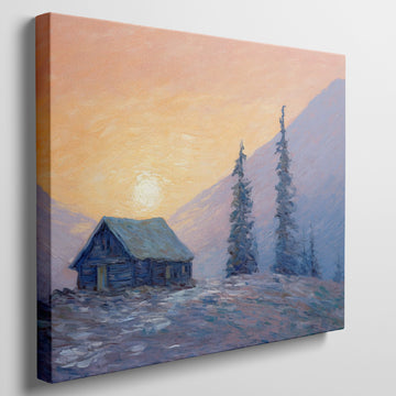 Framed canvas print of an impressionist painting with a mountain cabin at sunset