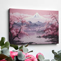 Framed canvas print of a serene pink cherry blossom scene with Mount Fuji in the background