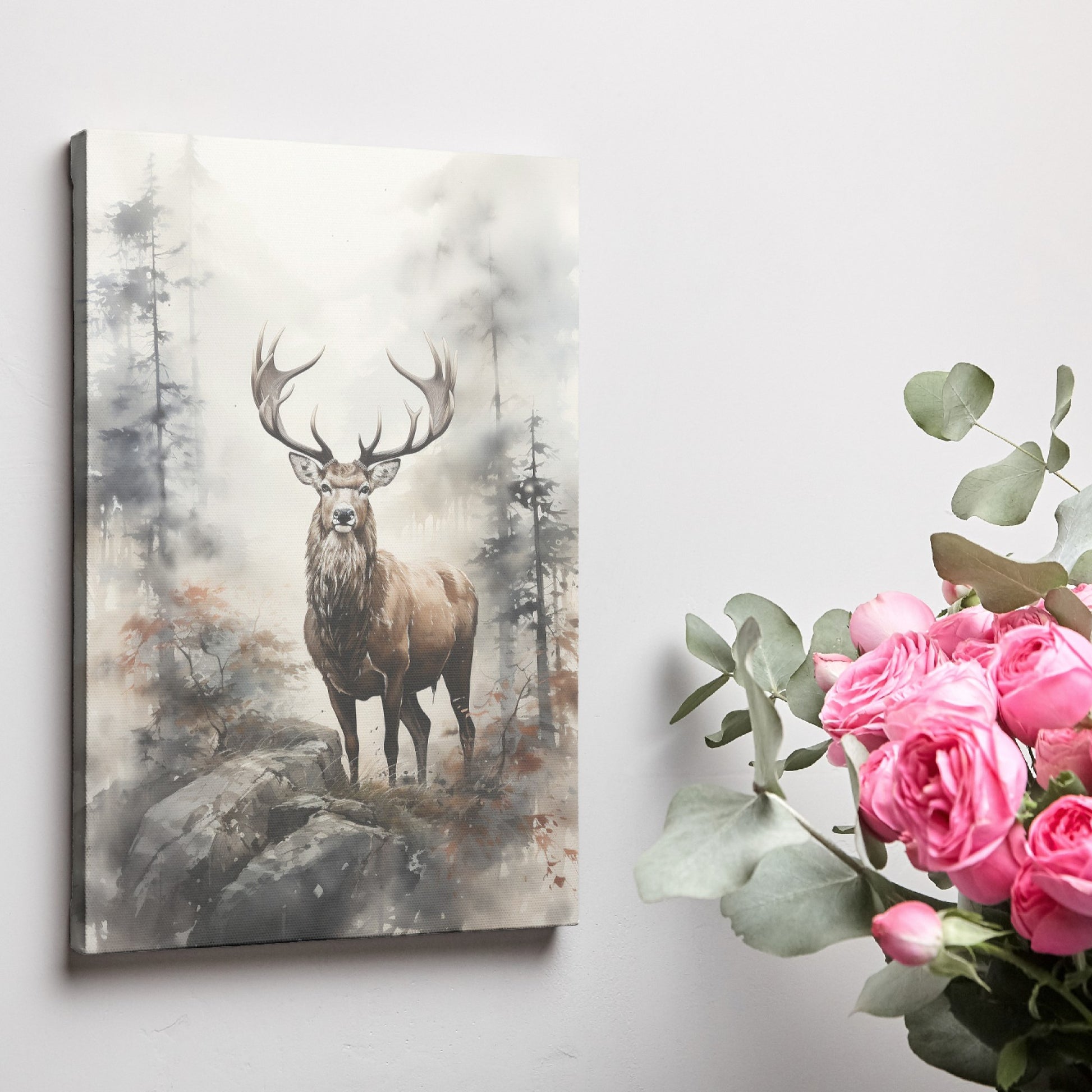 Framed canvas print of a majestic stag in a misty woodland watercolor painting