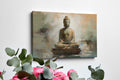 Framed canvas print of a serene Buddha on a lotus throne with an abstract background