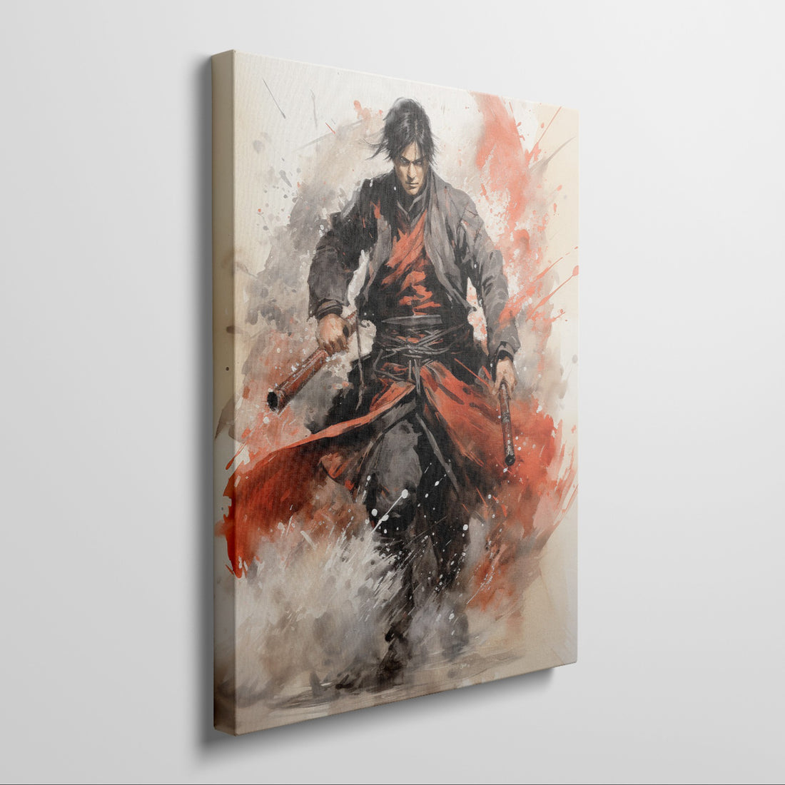 Framed canvas print of dynamic Samurai warrior in action with vibrant splashes of red and bold ink splatters