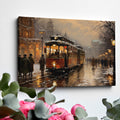 Framed canvas print of a vintage tram on snowy city street at twilight with glowing lamps