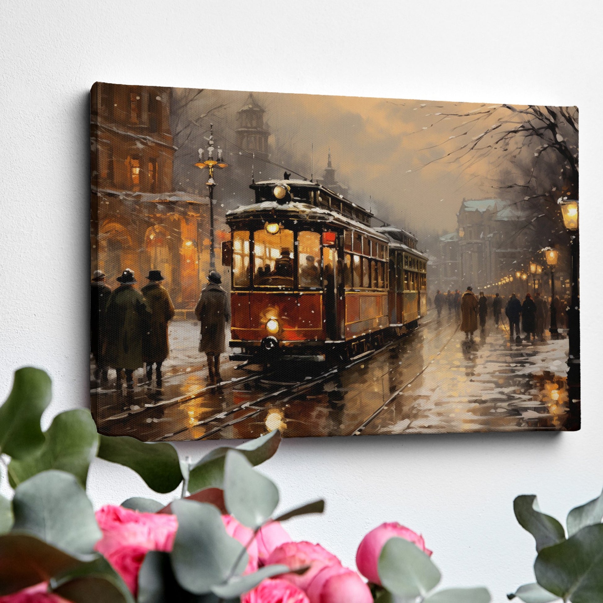 Framed canvas print of a vintage tram on snowy city street at twilight with glowing lamps