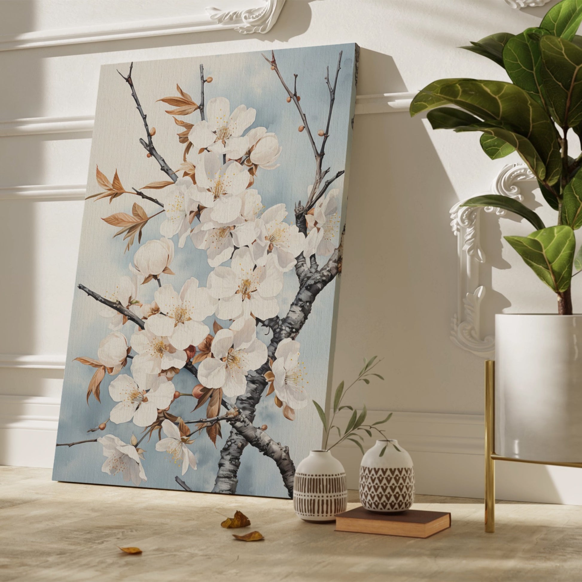 Framed canvas print of realistic cherry blossoms on a serene sky blue background