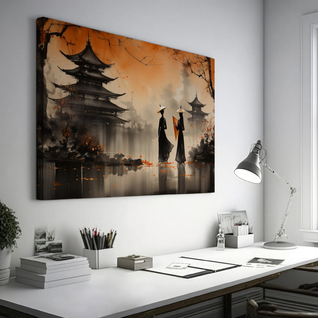 Framed canvas print of Oriental landscape with autumn pagodas and figures in traditional attire