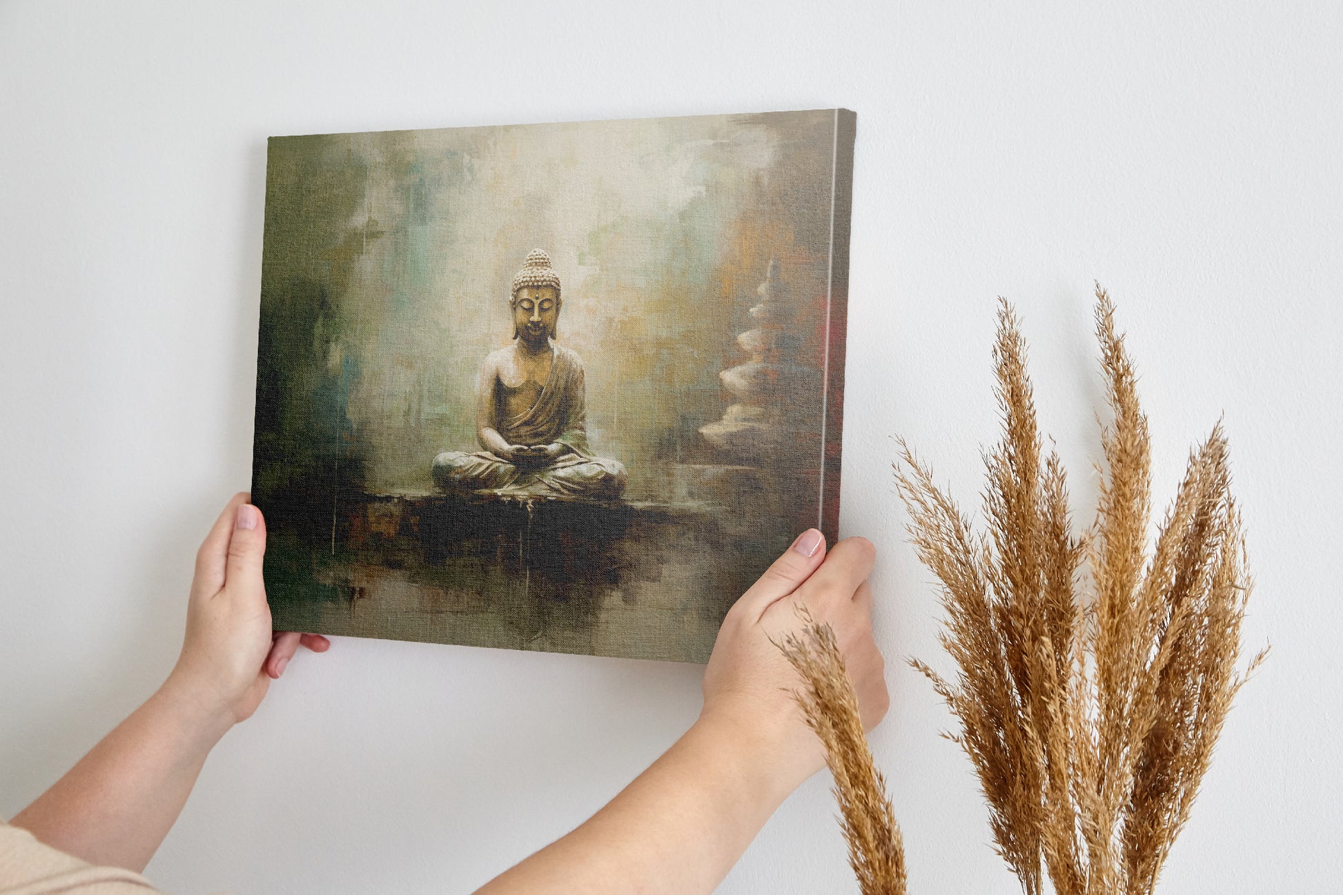 Framed canvas print of a serene Buddha with a gentle colour palette and textured finish