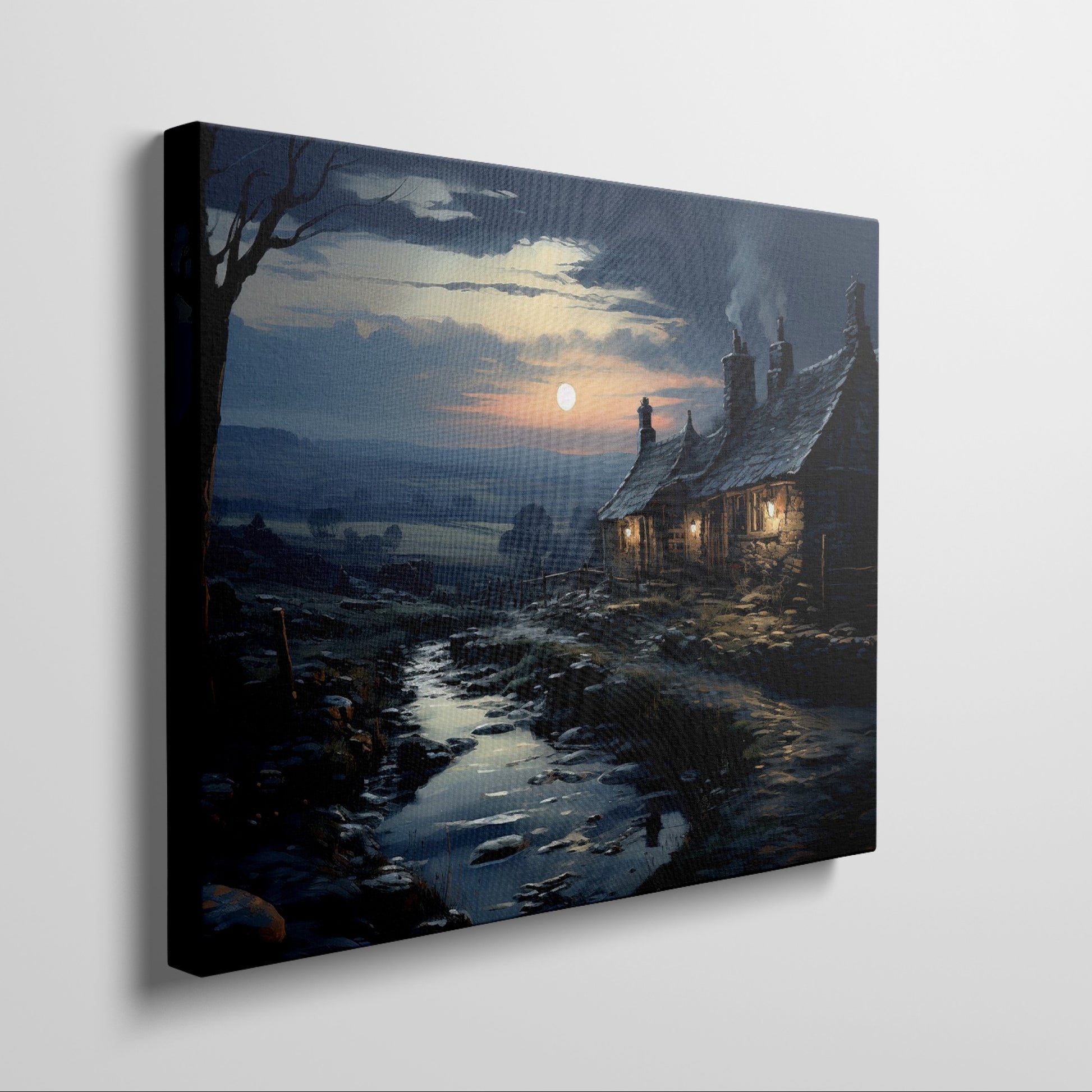 Framed canvas print of a tranquil rural cottage scene at dusk with reflections in a stream