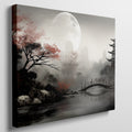 Framed canvas print of a serene Oriental landscape with a moonlit pagoda, red autumn leaves and a tranquil lake