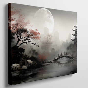 Framed canvas print of a serene Oriental landscape with a moonlit pagoda, red autumn leaves and a tranquil lake