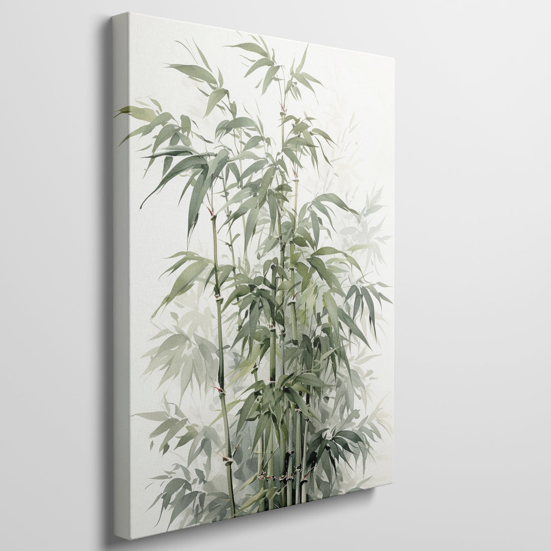 Framed canvas print of tranquil green bamboo with soft shading and delicate leaves