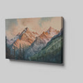 Framed canvas print of a serene watercolour mountain landscape with sunset hues