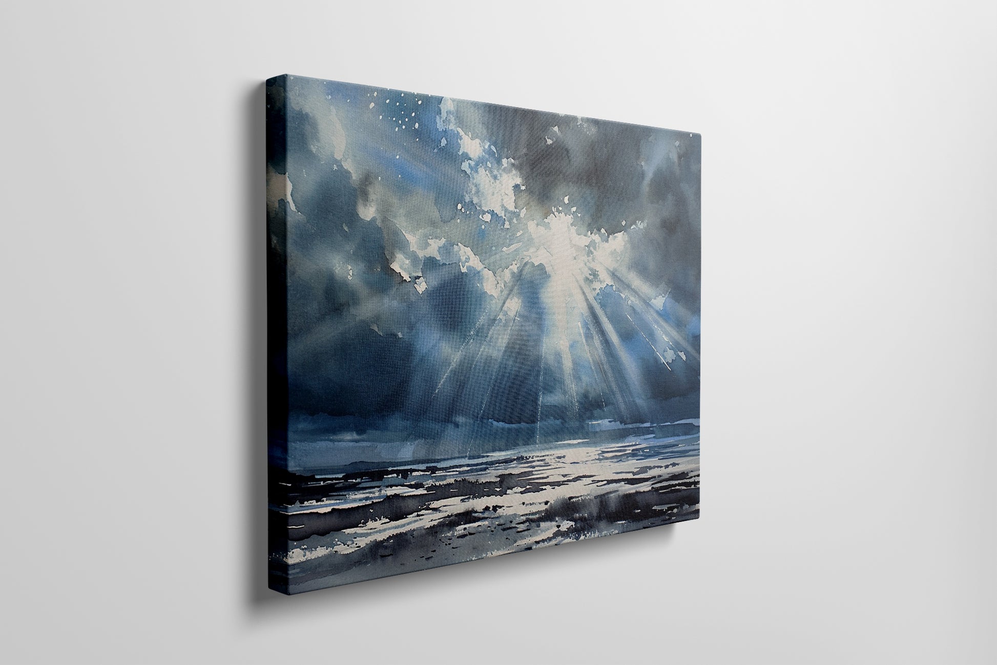 Watercolor canvas print of sunbeams shining through clouds onto the ocean