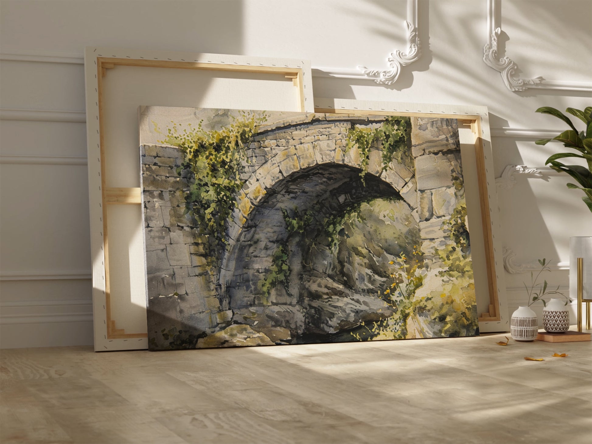 Framed canvas print of a rustic stone bridge with ivy in watercolour style