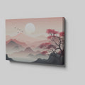 Framed canvas print of a tranquil pink sunrise over mountains with a reflective lake and silhouette of a tree