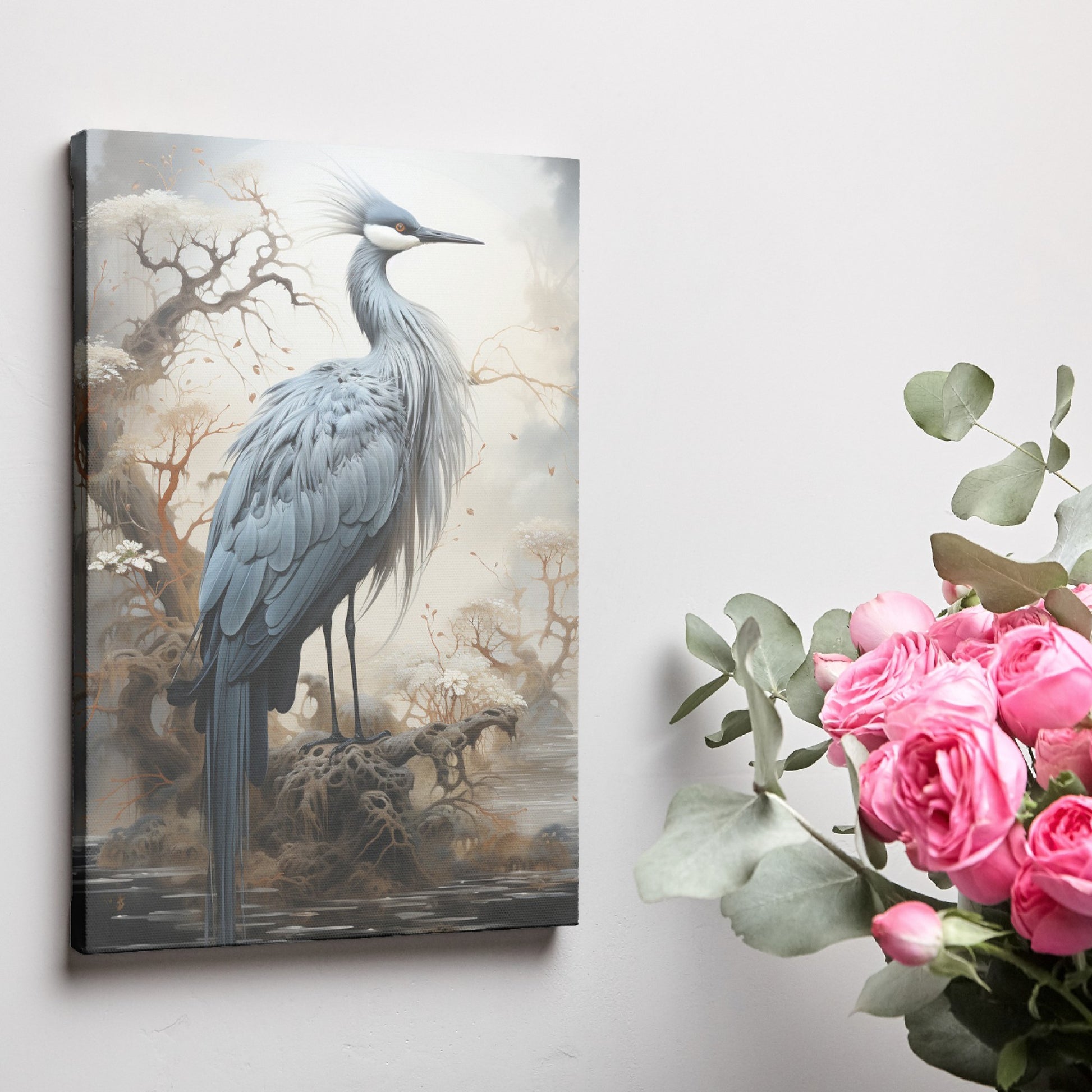 Framed canvas print of a heron standing in a mystical foggy landscape with autumnal trees