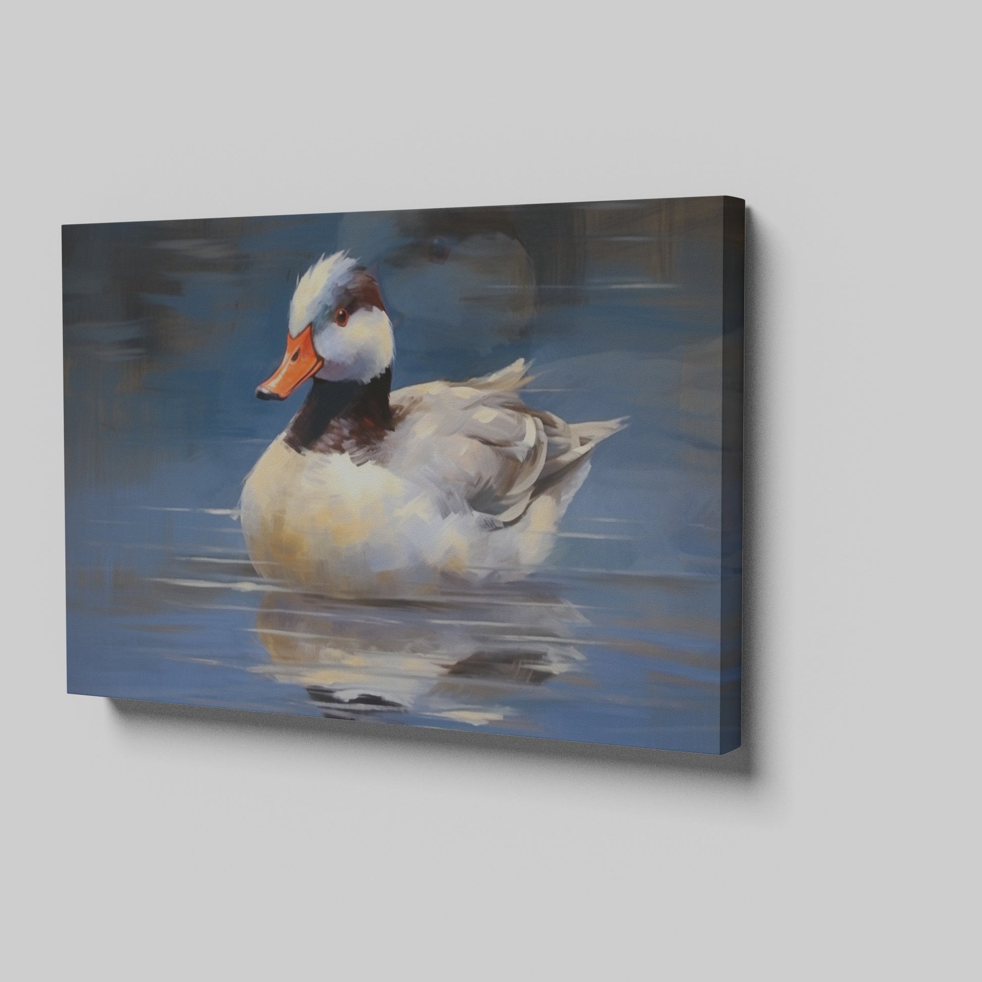 Framed canvas print of an impressionistic painting of a duck on water with blue tones