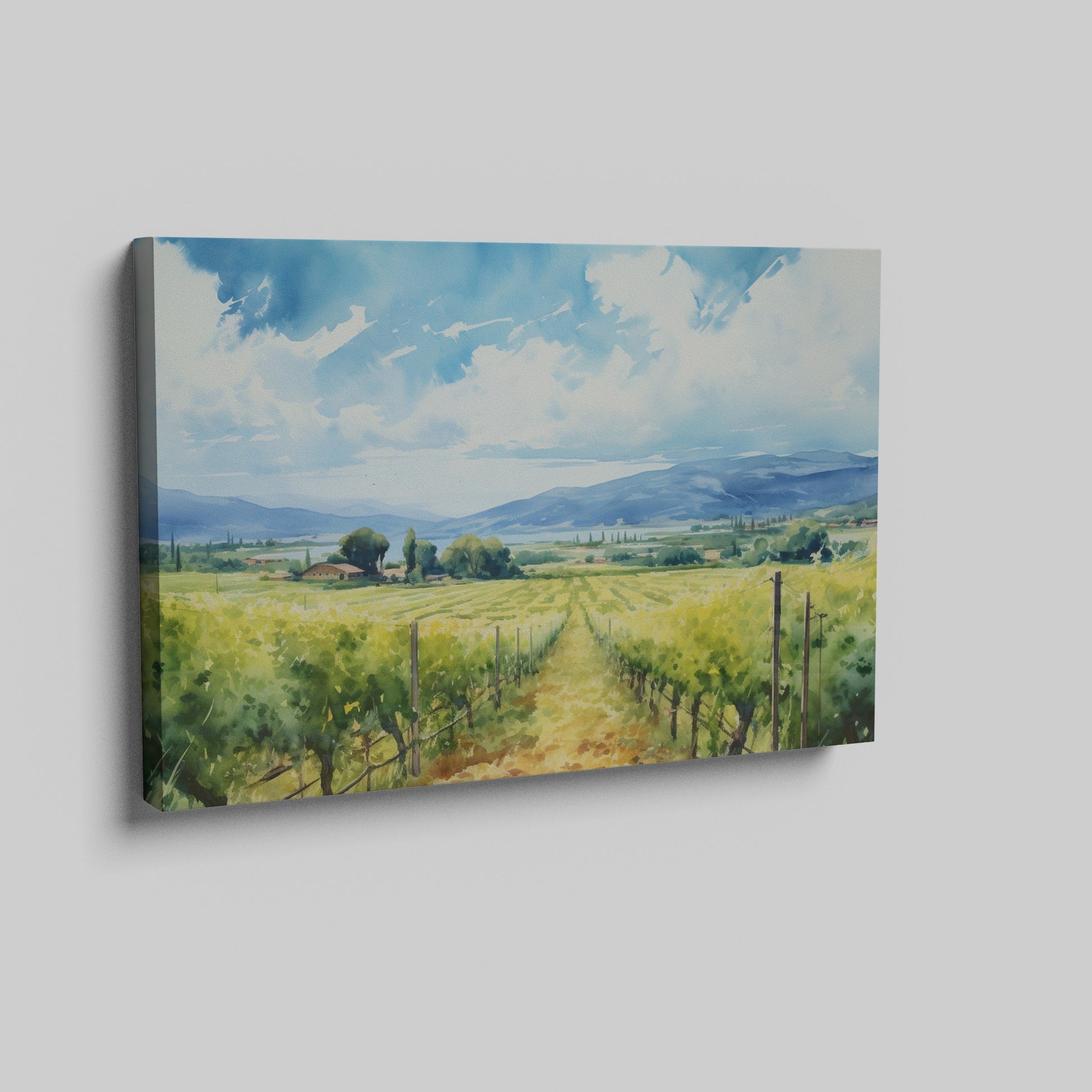 Framed canvas print of a scenic watercolor vineyard landscape with lush greenery and open sky