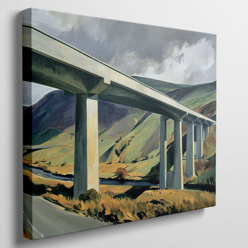 Framed canvas print of a modern landscape with a bridge over rural countryside