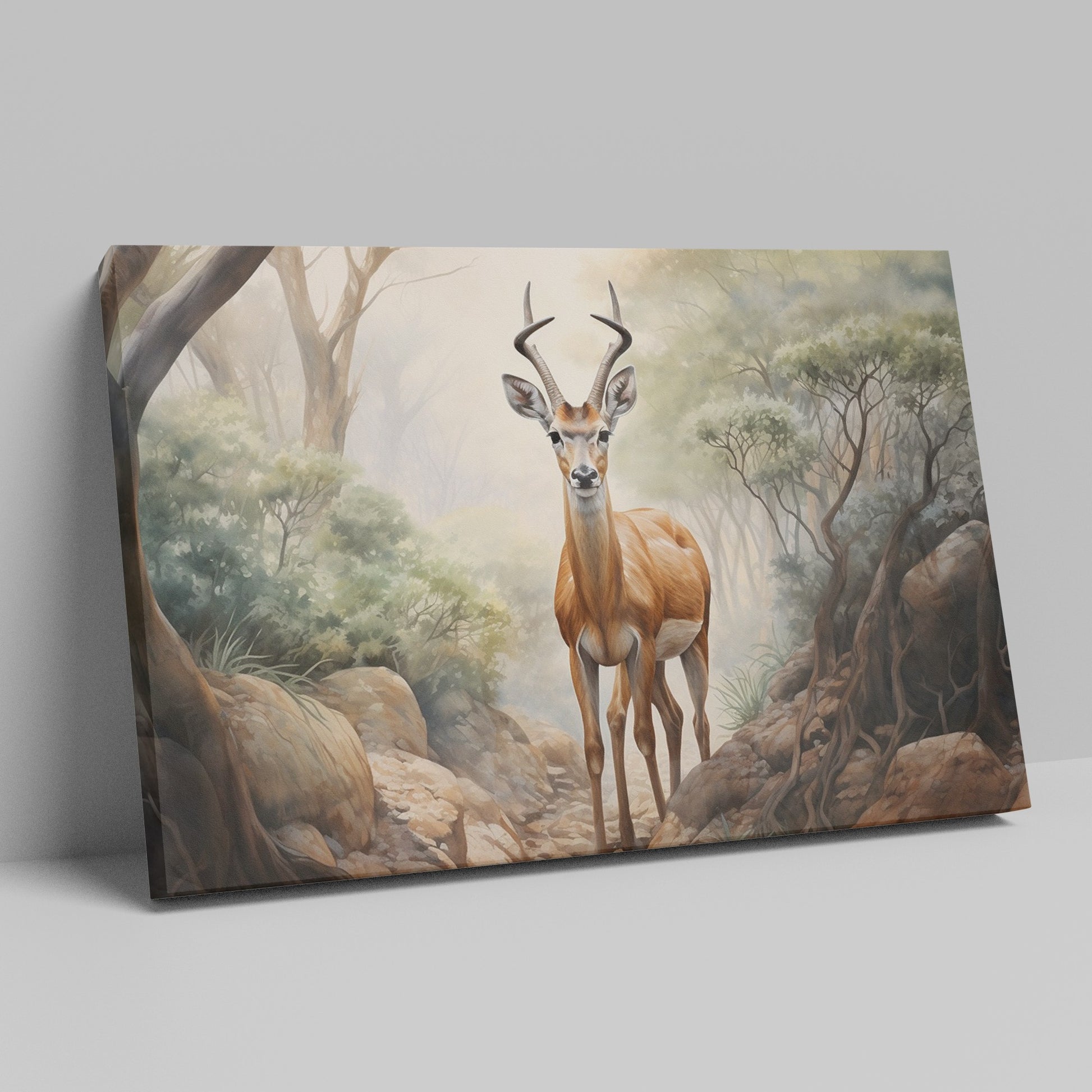 Framed canvas print of a realistic antelope in a misty forest setting with warm, earthy tones