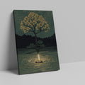 Framed canvas print of a candle's glow reflecting in water under a tree with golden leaves and a starry night