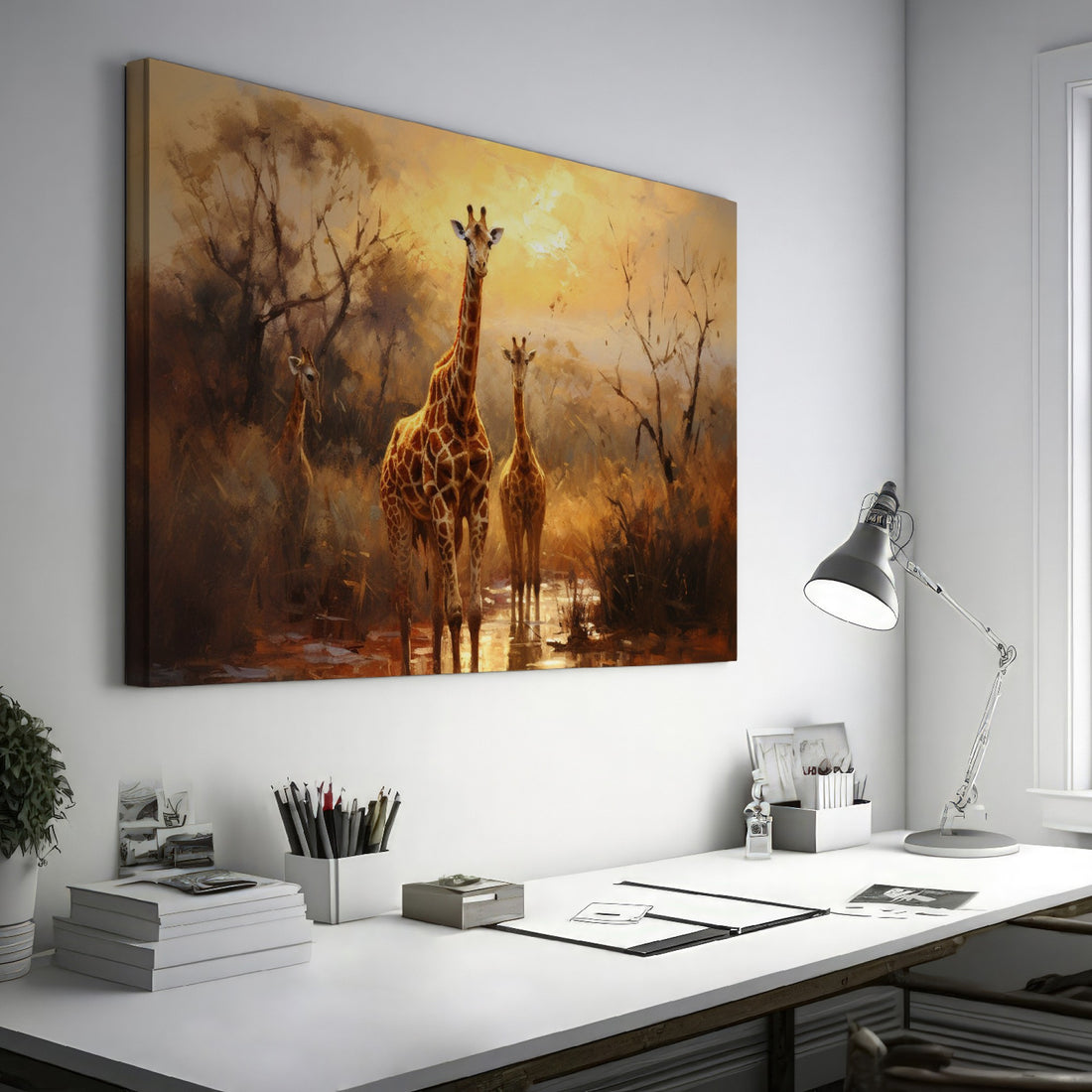 Framed canvas print of a family of giraffes in the savannah during sunset with warm tones