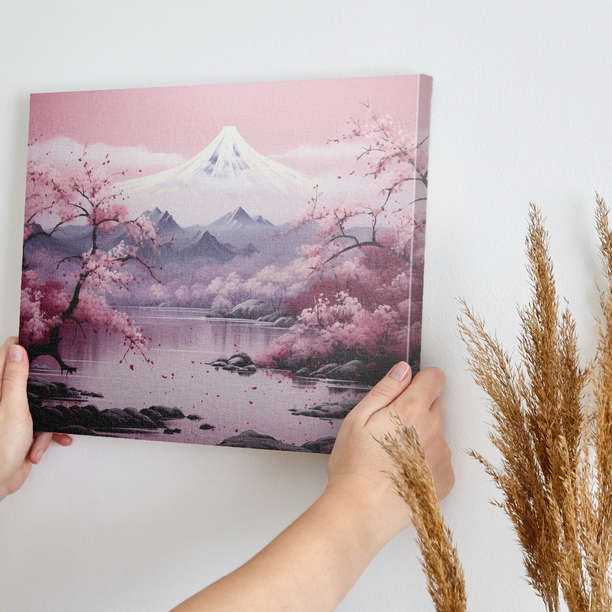 Framed canvas print of a serene pink cherry blossom scene with Mount Fuji in the background