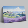 Framed canvas print of stylised Tuscan village landscape with pastel countryside and purple floral field