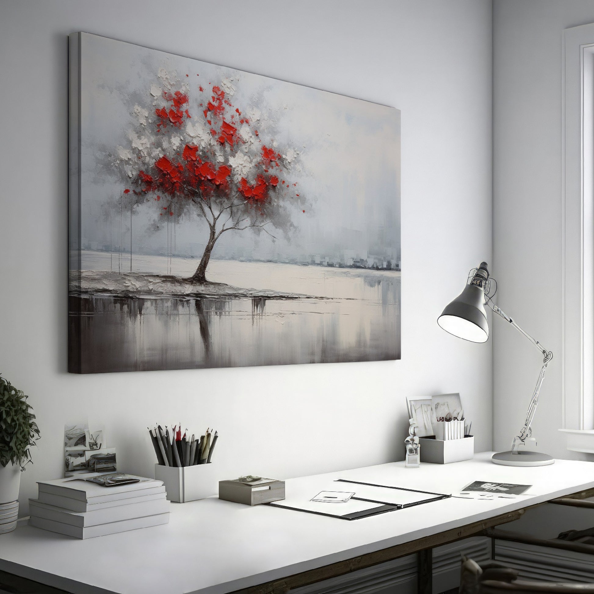 Abstract painting of a lone tree with red and white leaves reflected in water against a grey backdrop