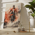 Framed canvas print of a dynamic Samurai in traditional red and black attire with expressive brush strokes