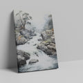 Framed canvas print of a misty river waterfall amid rugged rocks and a serene forest