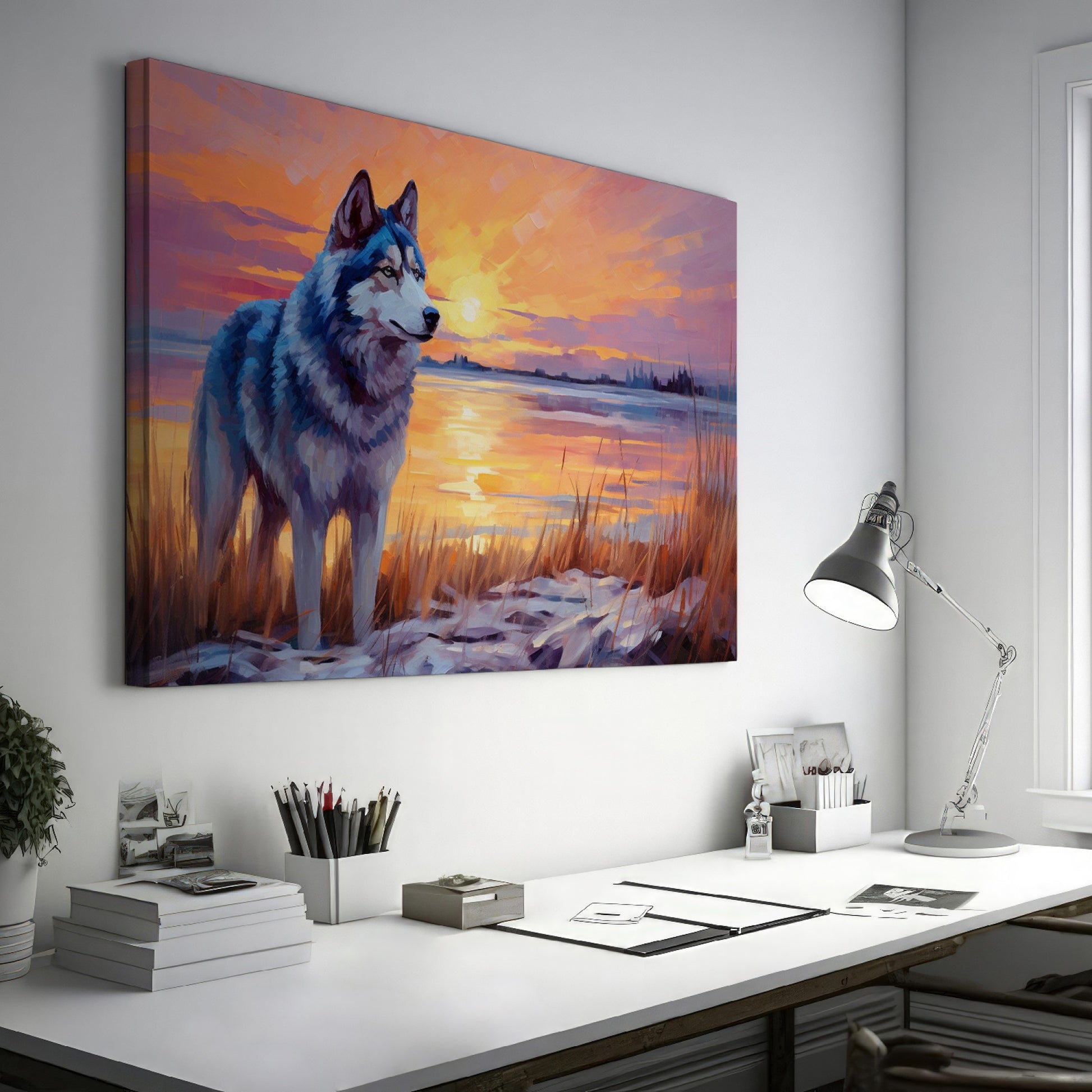 Framed canvas print of a Husky in silhouette against a colourful sunset with reflection on water