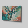 Framed canvas print of a colourful, impressionist painting of a stag with vibrant splashes of red, blue, and green