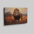 Framed canvas print of a majestic lion against a sunset on the savannah