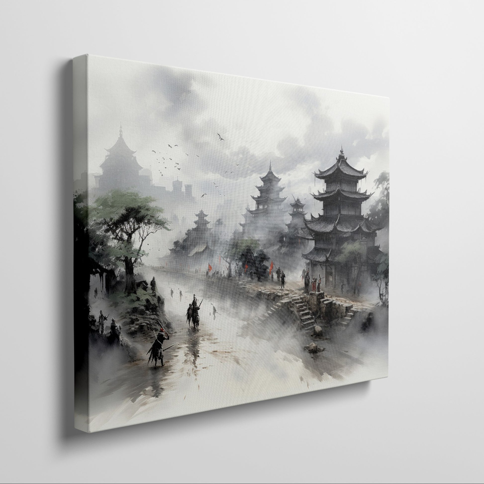 Framed canvas print of a mist-covered ancient Chinese scene with pagodas and figures