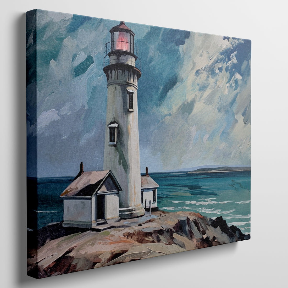 Framed canvas print of lighthouse on coastal rocks with dynamic sea and sky