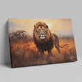 Framed canvas print of a majestic lion against a sunset on the savannah