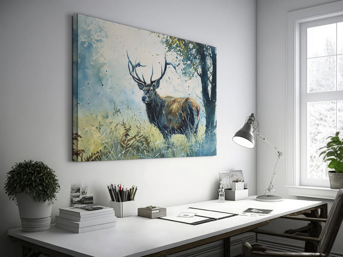 Framed canvas print of a watercolour stag in a serene woodland setting