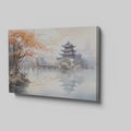 Framed canvas print depicting an autumnal Oriental scene with a pagoda and misty lake