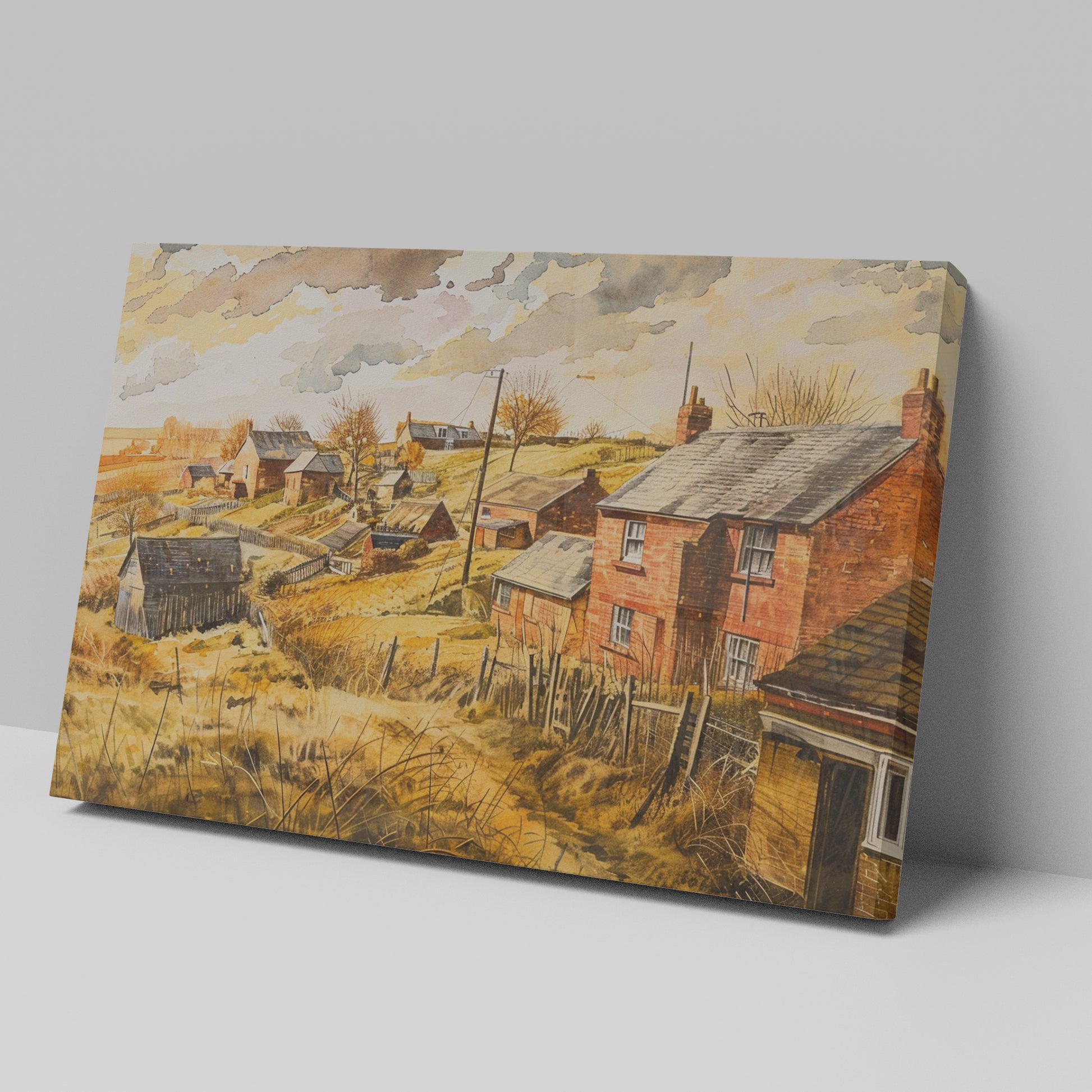 Framed canvas print of a traditional British village in watercolour