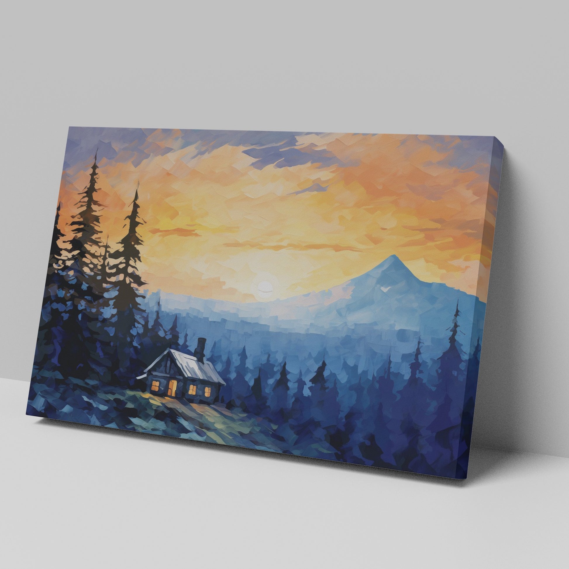 Framed canvas print of a mountain sunrise with a rustic cabin amongst pine trees