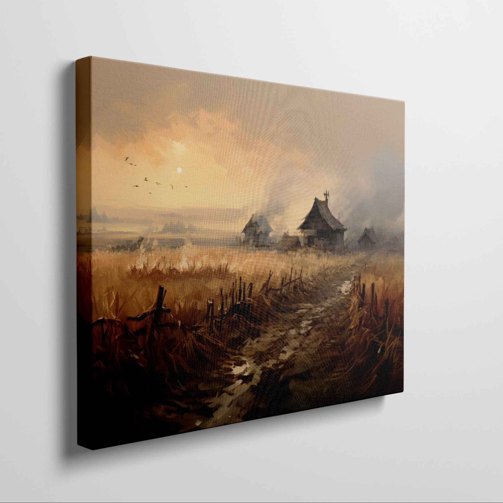 Framed canvas print of a rustic countryside at sunset with golden fields and cottages