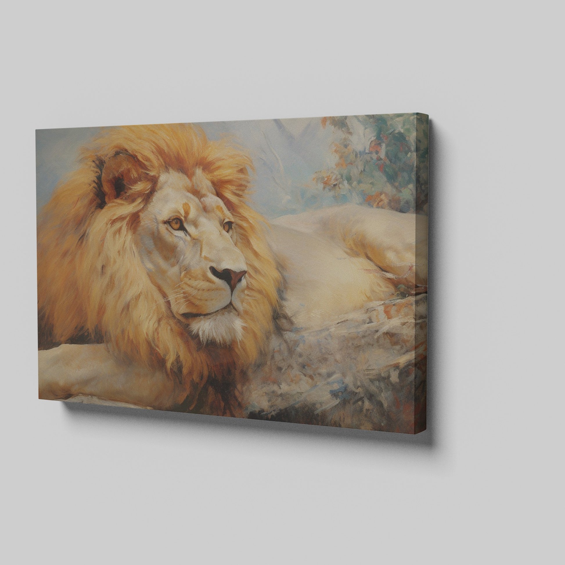 Framed canvas print of a realistic African lion resting, with warm colour tones and detailed texture